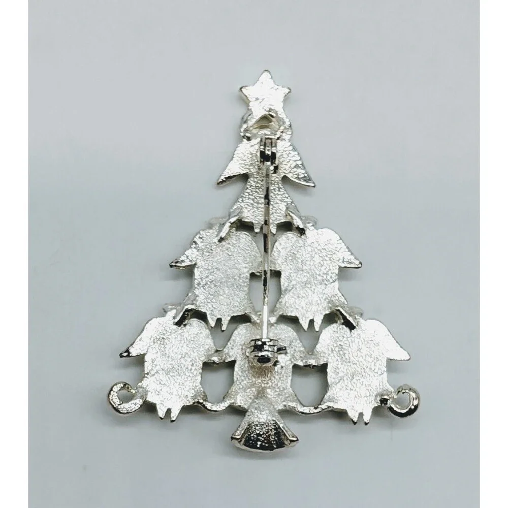 Silver Tone Enamel Christmas Tree Brooch Pin Angels